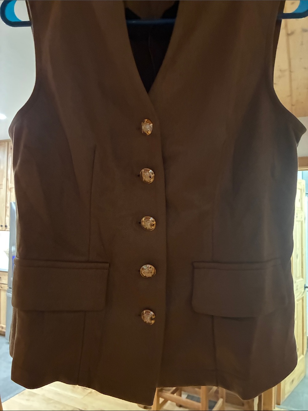 Sleeveless Brown Faux-Suede Vest with Gold Buttons